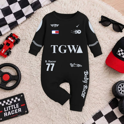 New Born & Baby clothing | Little Racer – Personalized Racing Romper with Customized Baby Name Printed | Soft Black Full Romper Cotton