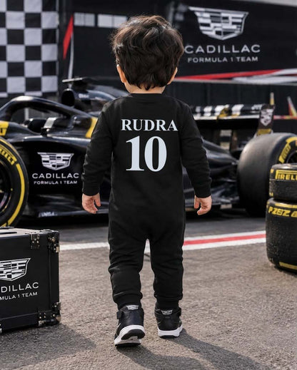 New Born & Baby clothing | Little Racer – Personalized Racing Romper with Customized Baby Name Printed | Soft Black Full Romper Cotton