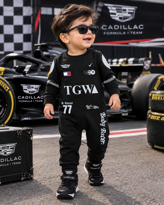 New Born & Baby clothing | Little Racer – Personalized Racing Romper with Customized Baby Name Printed | Soft Black Full Romper Cotton