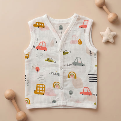 New Born & Baby Clothing | Sleeveless Muslin Baby Dress (0-3 Months) Car Rainbow Cute Print | Soft Cotton