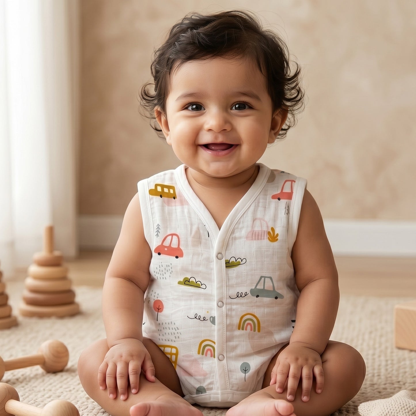 New Born & Baby Clothing | Sleeveless Muslin Baby Dress (0-3 Months) Car Rainbow Cute Print | Soft Cotton