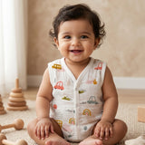 New Born & Baby Clothing | Sleeveless Muslin Baby Dress (0-3 Months) Car Rainbow Cute Print | Soft Cotton