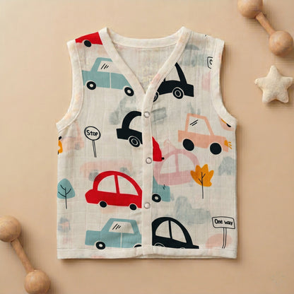 New Born & Baby Clothing | Sleeveless Muslin Baby Dress (0-3 Months) Car One Way Cute Print | Soft Cotton