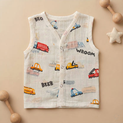 New Born & Baby Clothing | Sleeveless Muslin Baby Dress (0-3 Months)Truck Wroom Cute Print | Soft Cotton