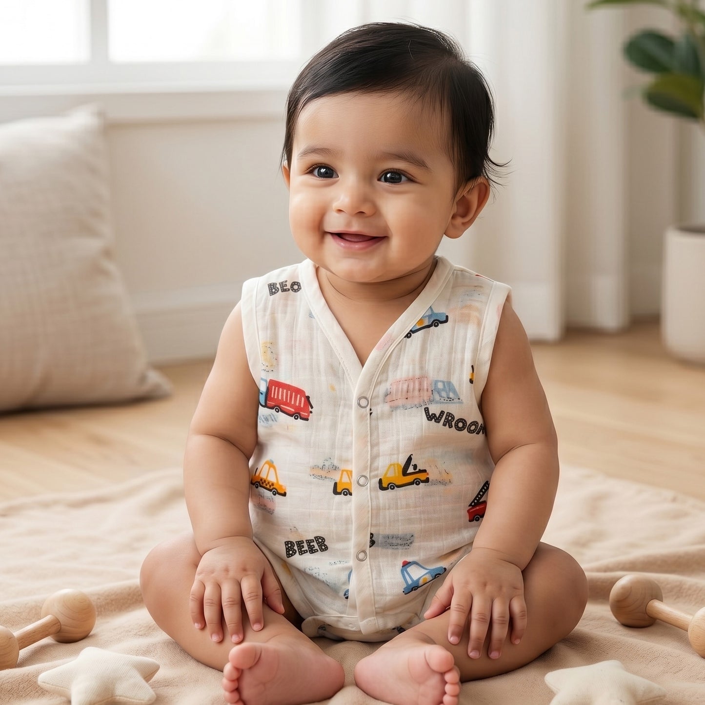 New Born & Baby Clothing | Sleeveless Muslin Baby Dress (0-3 Months)Truck Wroom Cute Print | Soft Cotton