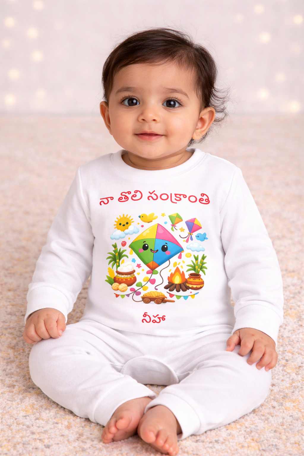Baby First Happy Sankanthri Outfit  With Customized Baby Name In Telugu | Soft White Full Romper Cotton Romper
