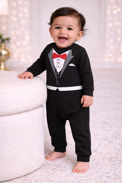 Cute  Baby Tuxedo  Photoshoot Outfit With Customized Baby Name for Newborns & Infants | Soft Black Full Romper Cotton