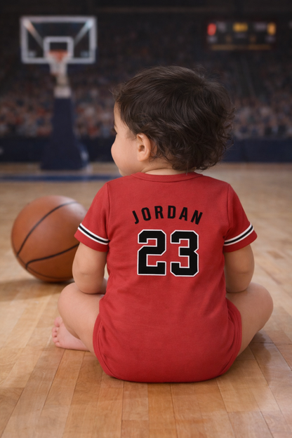 New Born & Baby clothing | Red Basketball Jersey Inspired Photoshoot Outfit for Baby with Customized Baby Name Printed | Soft Cotton