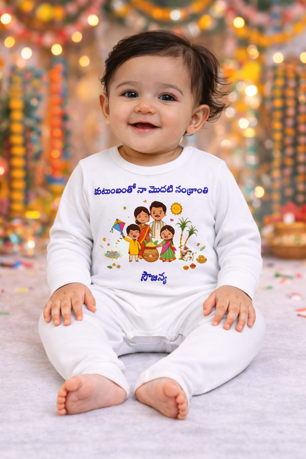 first Sankranti baby dress yellow cotton romper telugu festival outfit 