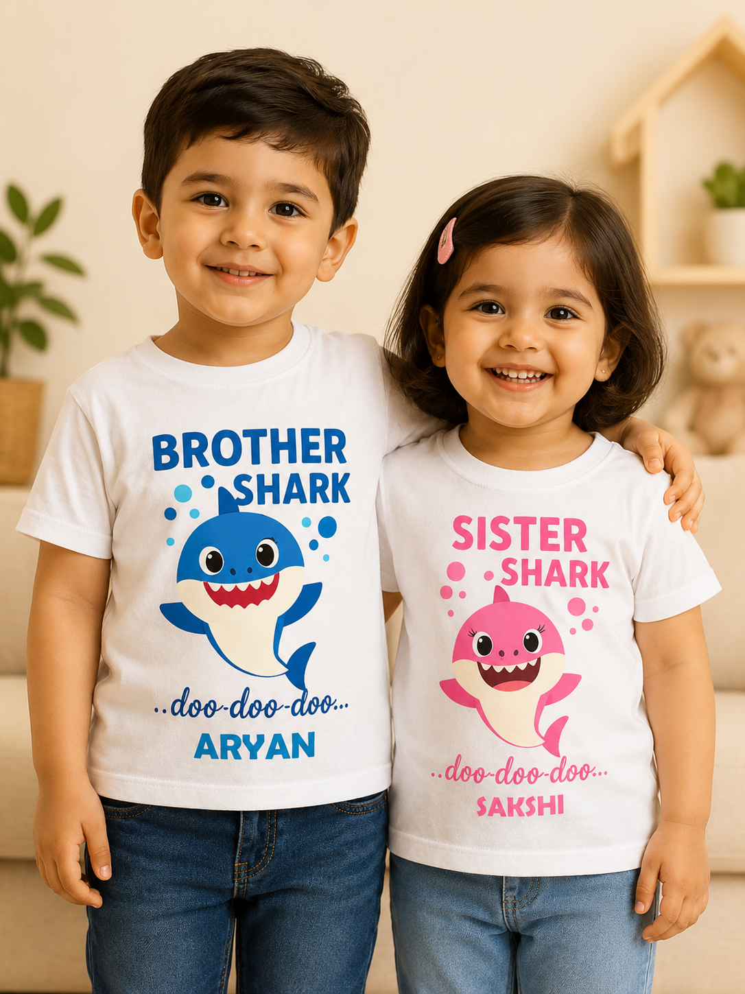 Combo pack of Brother & Sister Cute Shark Design with Customised Name_ White Tees