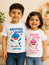 Combo pack of Brother & Sister Cute Shark Design with Customised Name_ White Tees
