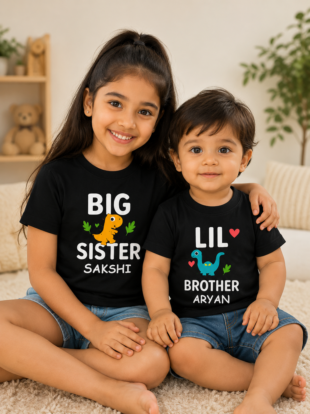 Combo pack of Big Sister, Little Brother cute design with Customised Name_ Black Tees