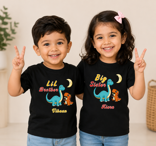 Combo pack of Little Brother, Big Sister with Customised Name_ Black Tees