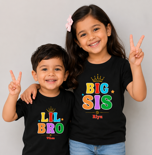 Combo pack of Little Brother, Big Sister with Customised Name_ Black Tees