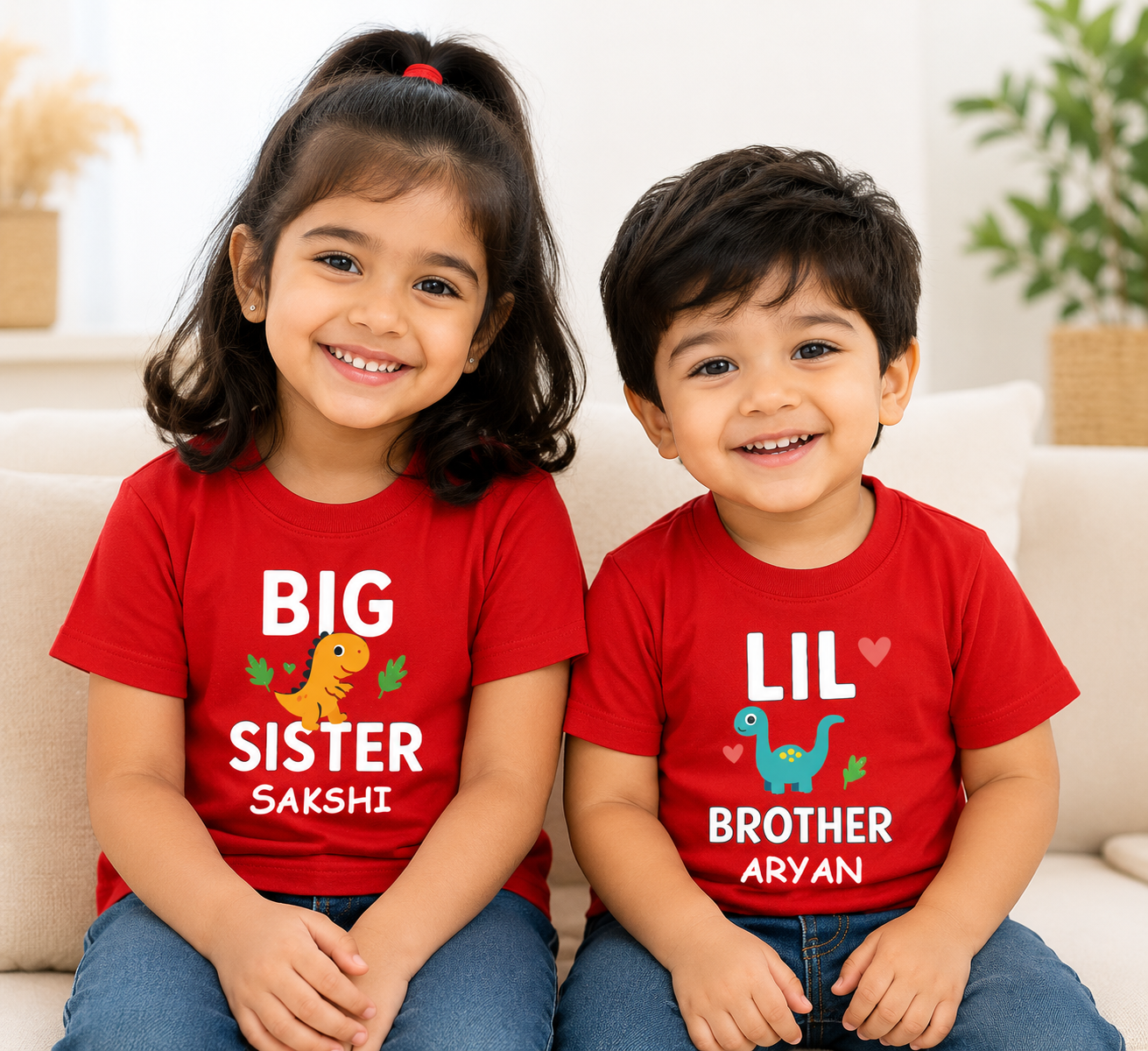 Combo pack of Big Sister, Little Brother with Customised Name_ Red Tees