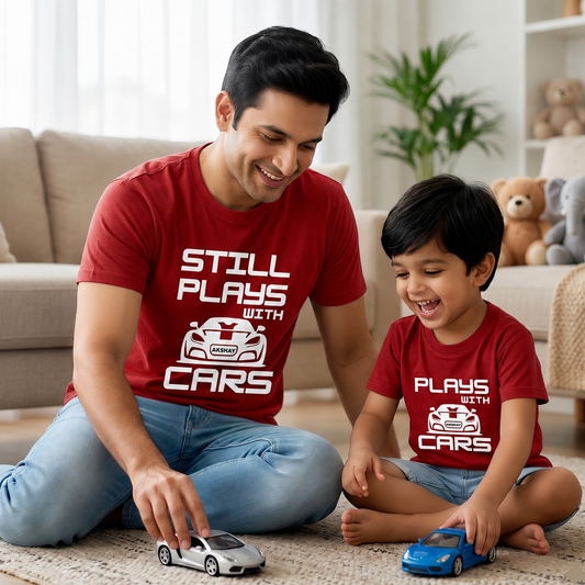New Born & Baby Clothing | Still Plays With Cars Together Father & Son Twinning Red Sets | Soft T-shirt