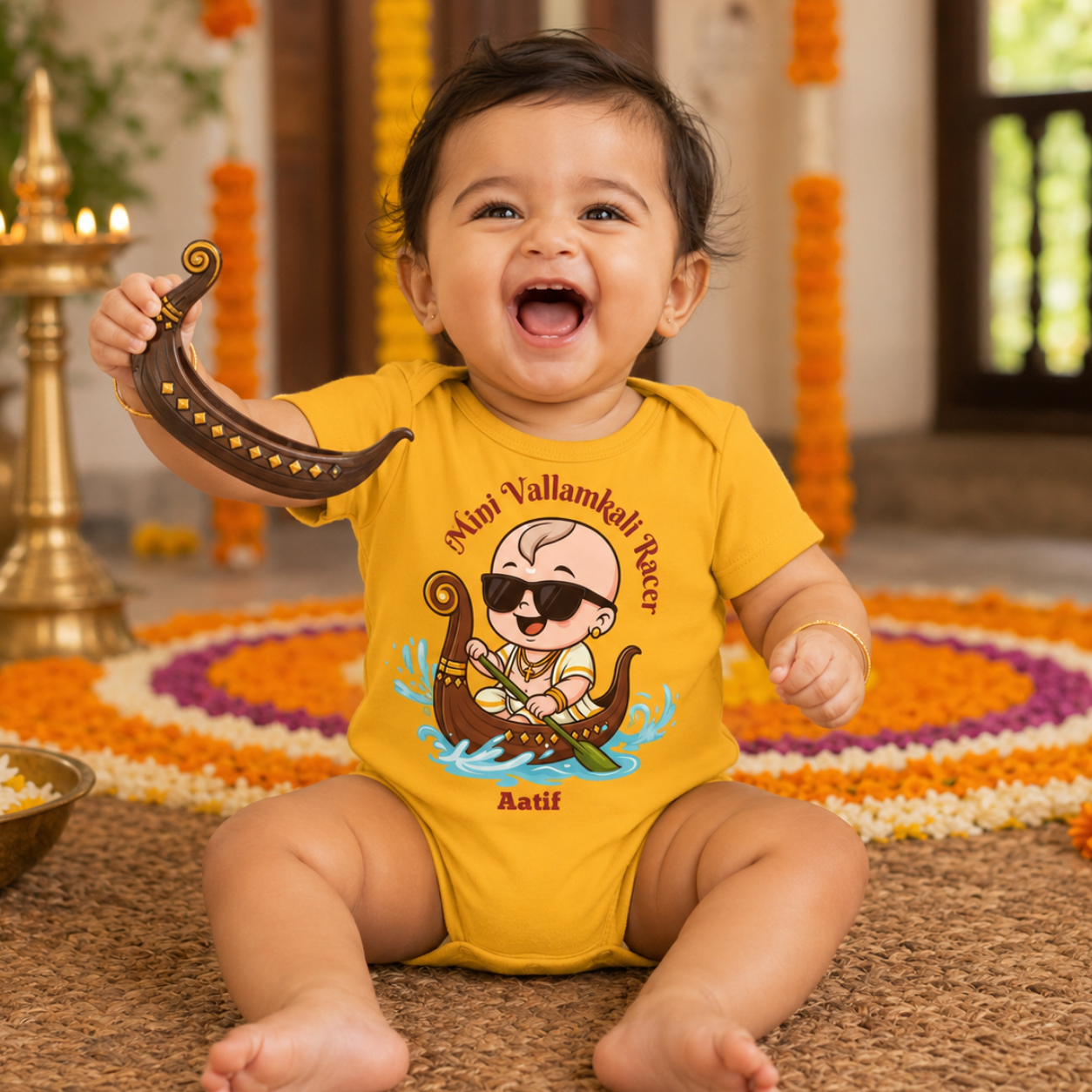 Mini Vallamkali Racer with customised name _ Yellow Romper