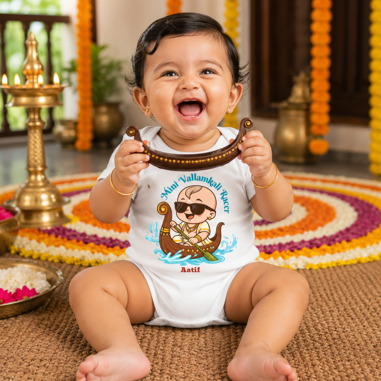 Mini Vallamkali Racer with customised name _ White Romper