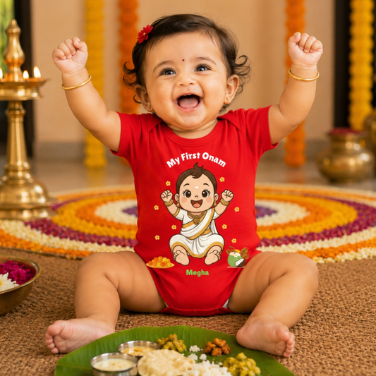 My First Onam with customised name_ Red Romper