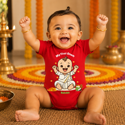 My First Onam with customised name_ Red Romper