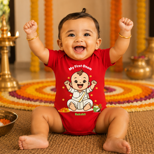My First Onam with customised name_ Red Romper