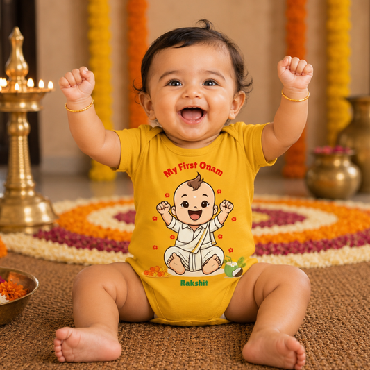 My First Onam with customised name_ Yellow Romper