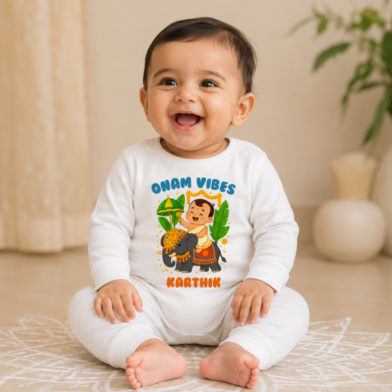 Onam Vibes with customised name_ White Full Romper