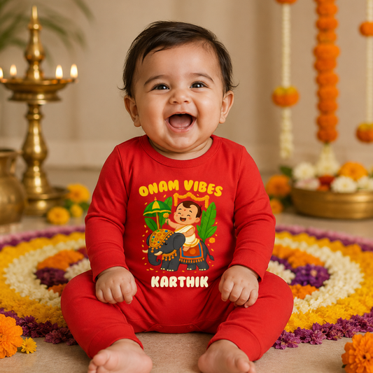 Onam Vibes with customised name_ Red Full Romper