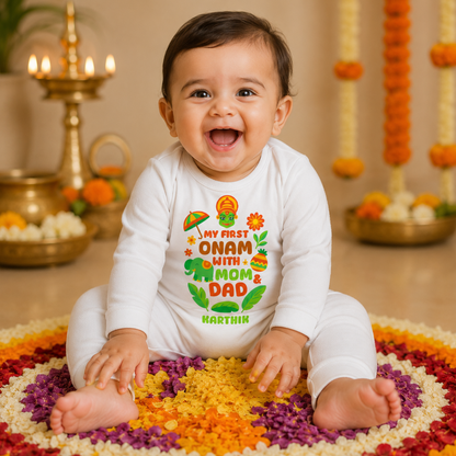 My First Onam With Mom Dad With Customised Baby Name_ White Full Romper