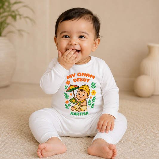 My First Onam Debut With Customised Baby Boy Name_ White Full Romper