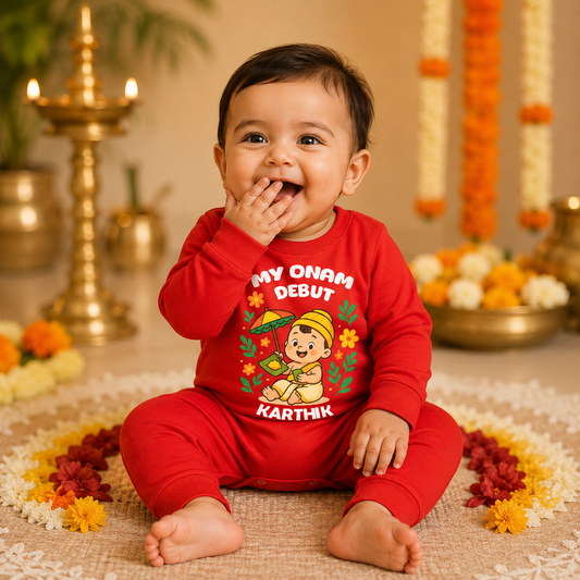 My First Onam Debut With Customised Name_ Red Full Romper