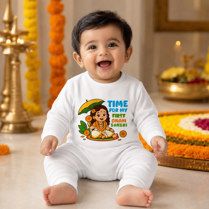 Time For My First Onam with Customised Baby Girl Name_ White Full Romper