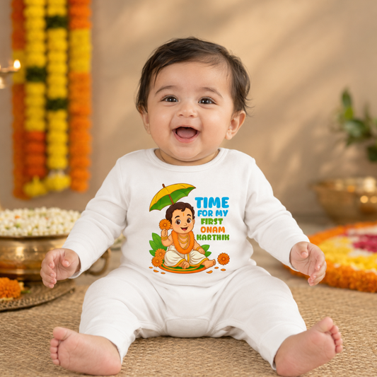 Time For My First Onam With Customised Baby Boy Name_ White Full Romper