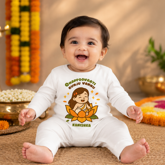 The Baby Came As An Onam Flower with customised baby girl name_ White Full Romper