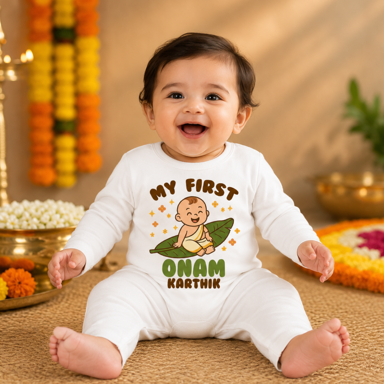 My First Onam for baby boy with customised name_ White Full Romper