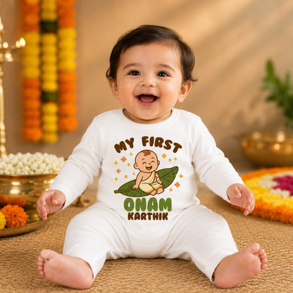My First Onam for baby boy with customised name_ White Full Romper
