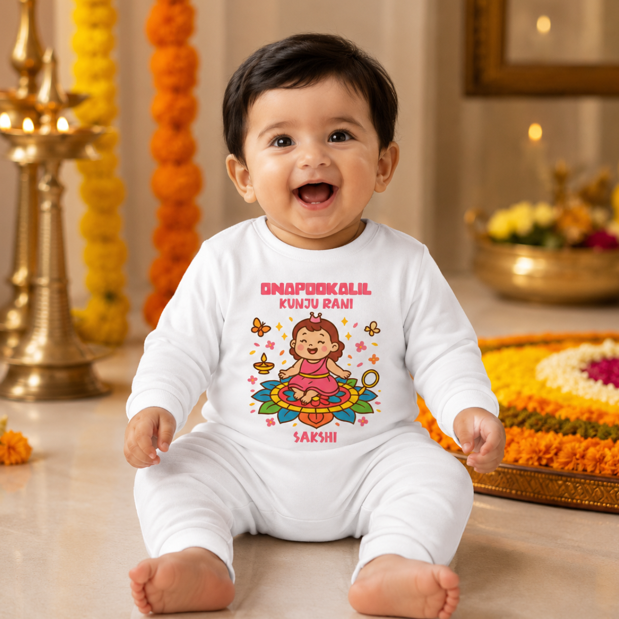 Little Queen Of Onam Flowers with customised name_ White Full Romper