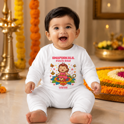 Little Queen Of Onam Flowers with customised name_ White Full Romper