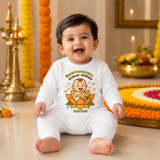 The Baby Came As An Onam Flower with customised baby boy name_ White Full Romper (Copy)