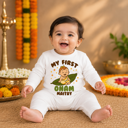 My First Onam for baby girl with customised name_ White Full Romper