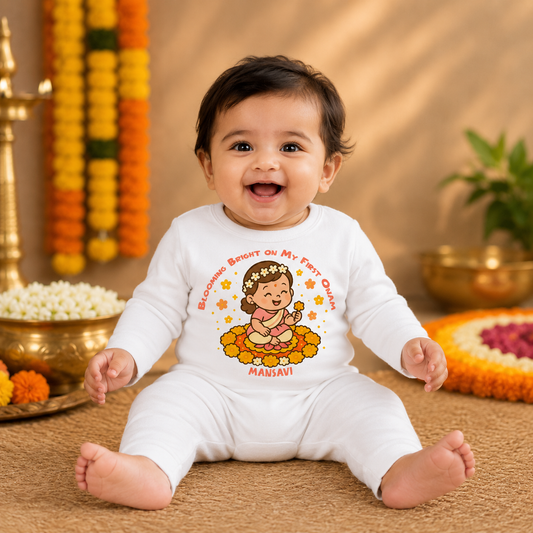 Blooming Bright On MY first Onam with customised name _ White Full Romper