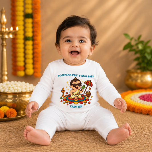 Pookalam Party Boss Baby with customised name_ White Full Romper