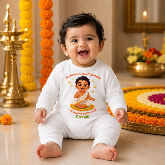 The Golden Onam Blooms With Our Liittle One with customised name_ White Full Romper