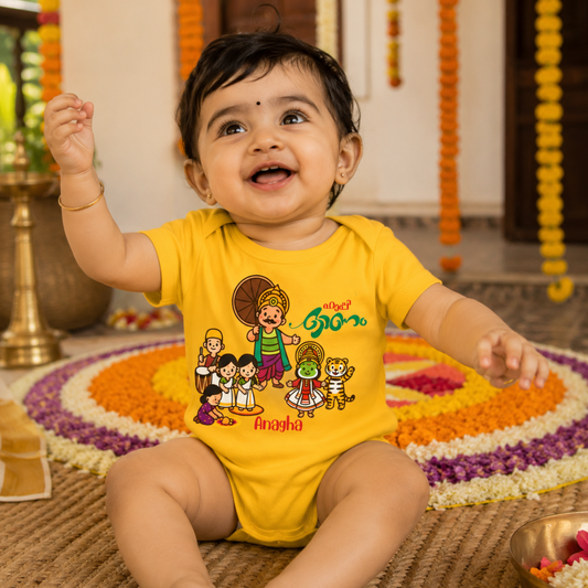 Happy Onam with customised name_ Yellow Romper