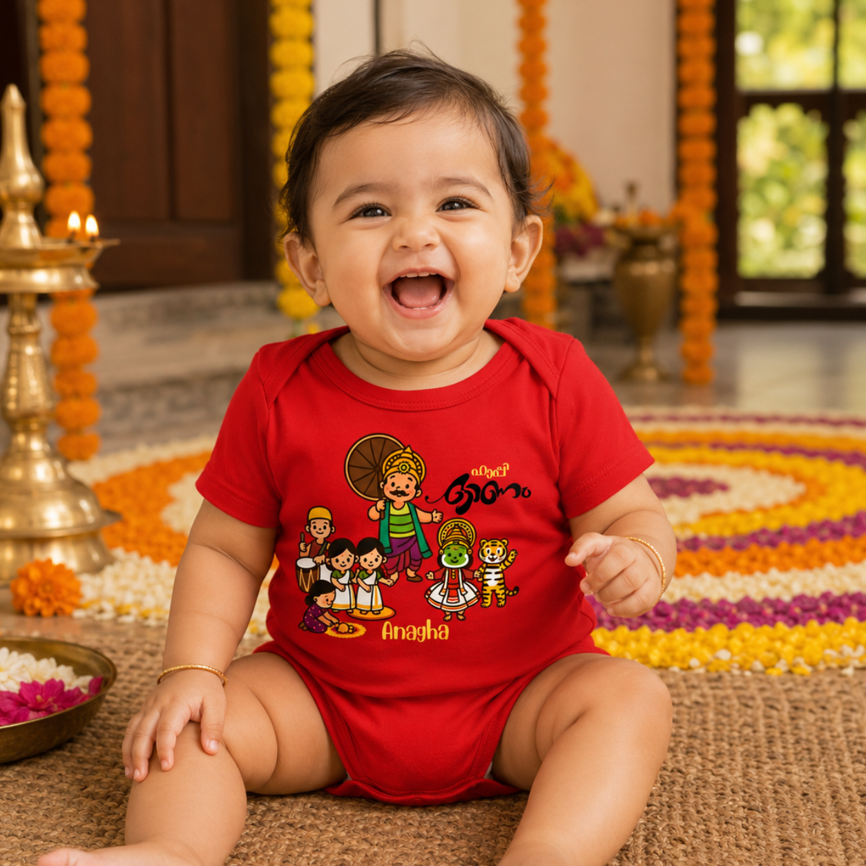 Happy Onam with customised name_ Red Romper