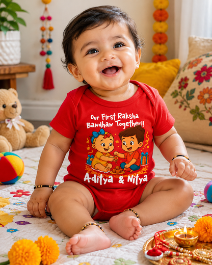 Our First Raksha Bandhan Together with customised baby name_ red romper