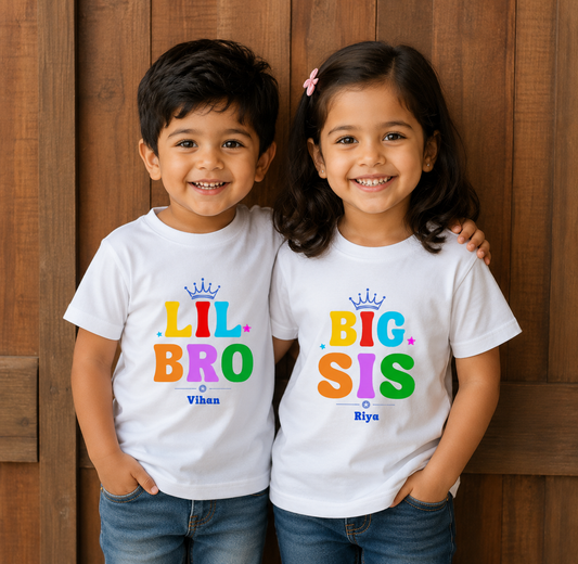 Combo pack of Little Bro, Big Sis with Customised Name_ White Tees