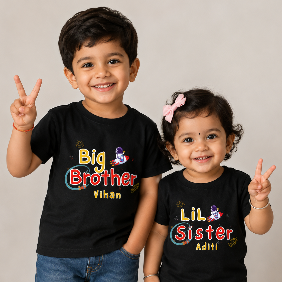 Combo pack of Big Brother, Little Sister with Customised Name_ Black Tees