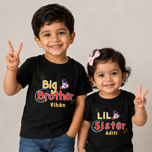 Combo pack of Big Brother, Little Sister with Customised Name_ Black Tees