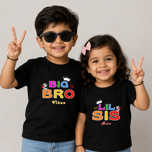 Combo pack of Big Brother, Little Sister with Customised Name_ Black Tees